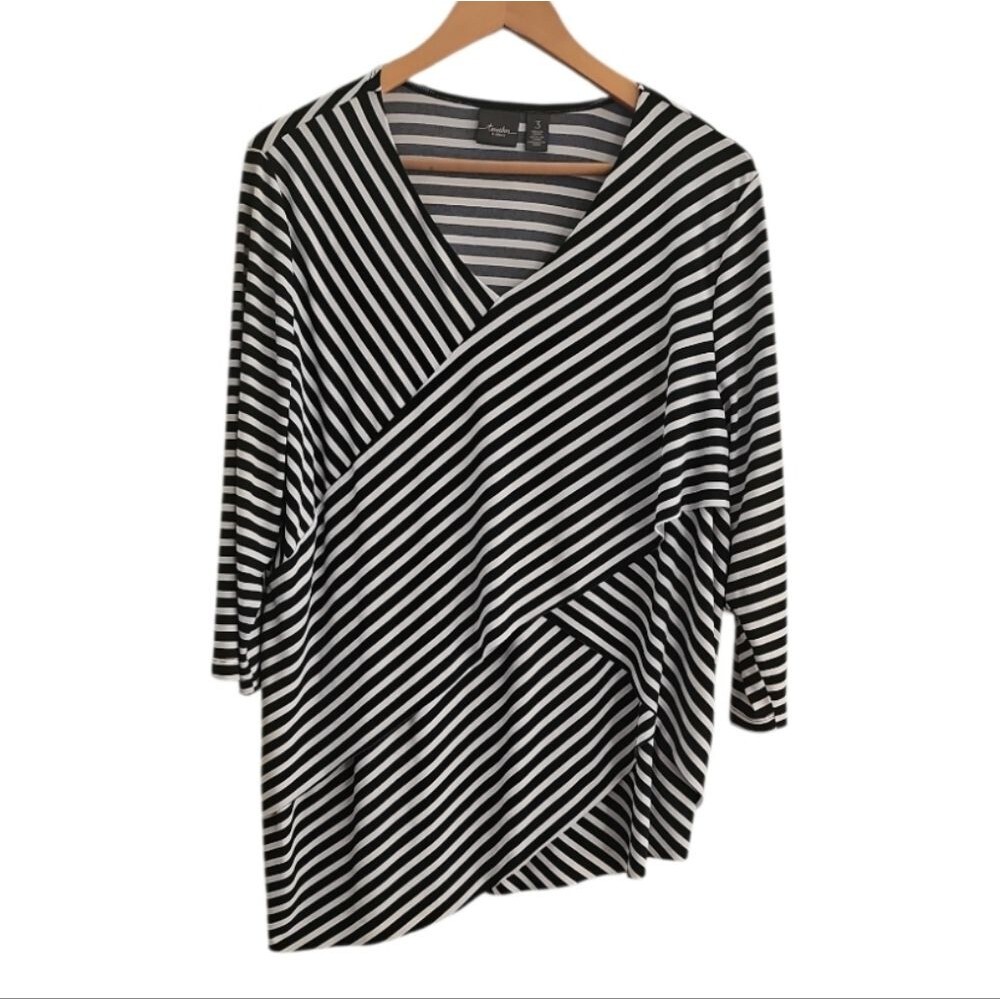 Travelers by Chico's Striped Asymmetrical Top XL Black White Resort Travel Tunic